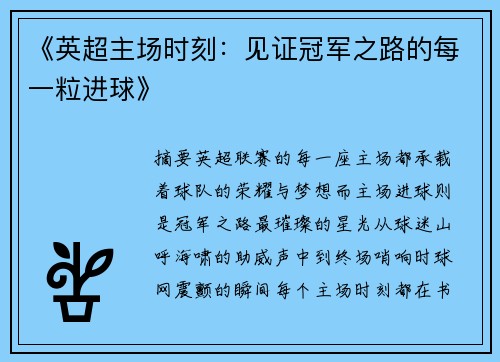 《英超主场时刻：见证冠军之路的每一粒进球》